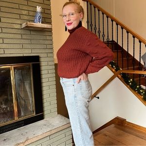5/30🦄- Pearled Knitted Cropped Rust Sweater with Ballon Sleeves